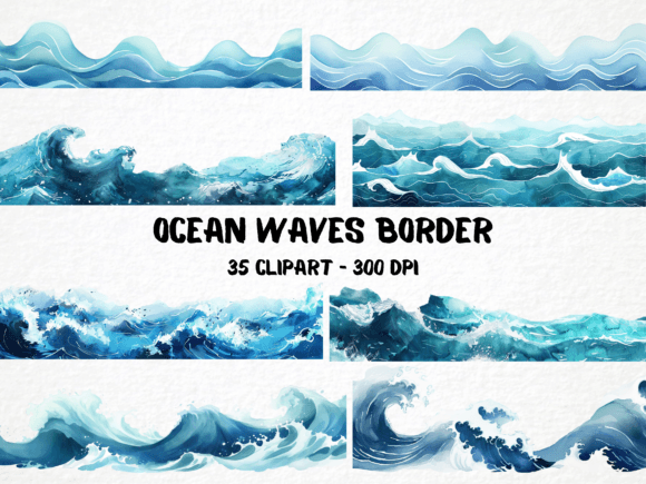 Download Watercolor Ocean Waves Borders - Borders Collection
